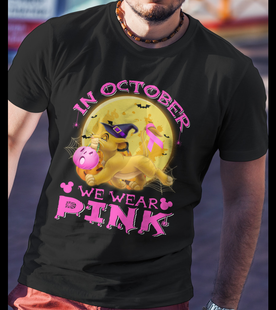 In October We Wear Pink Simba Halloween Breast Cancer Awareness T-Shirt