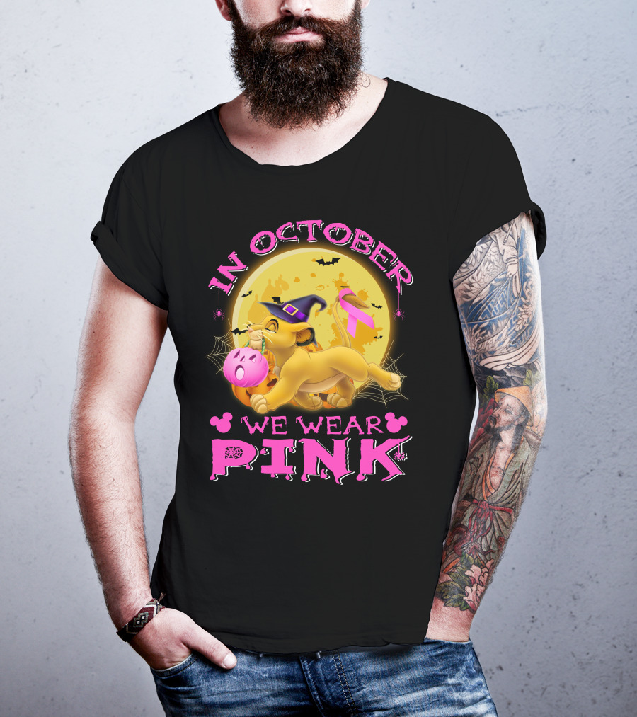 In October We Wear Pink Simba Halloween Breast Cancer Awareness T-Shirt