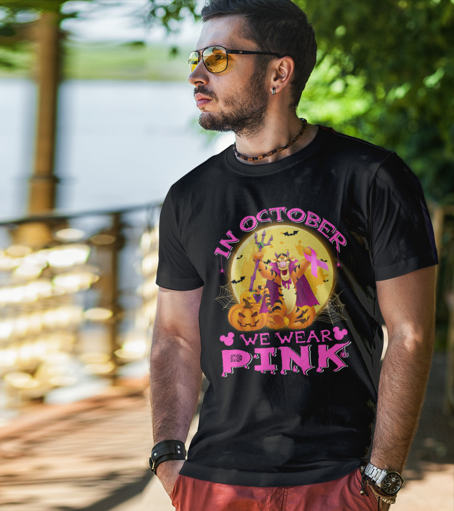 In October We Wear Pink Tigger Halloween Pumpkins Bats T-Shirt