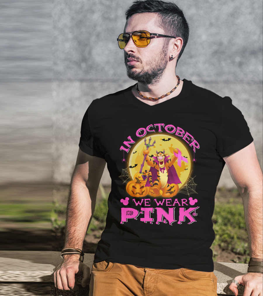 In October We Wear Pink Tigger Halloween Pumpkins Bats T-Shirt