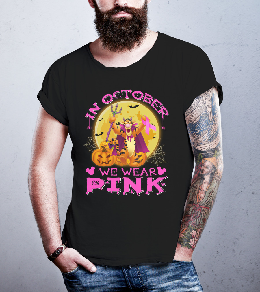 In October We Wear Pink Tigger Halloween Pumpkins Bats T-Shirt