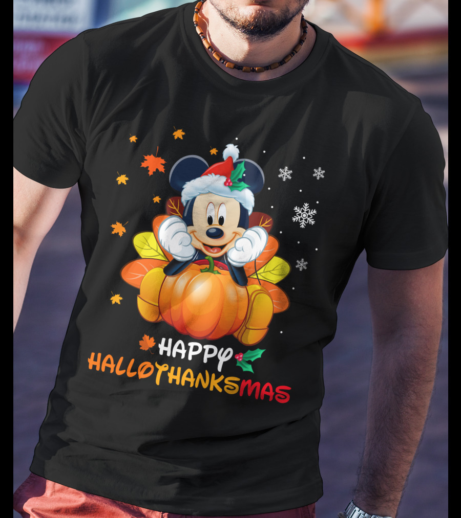 Happy Hallothanksmas 2 Mickey Mouse Pumpkin Santa Hat Fall Leaves Snowflakes T-Shirt