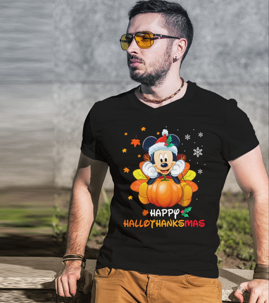 Happy Hallothanksmas 2 Mickey Mouse Pumpkin Santa Hat Fall Leaves Snowflakes T-Shirt