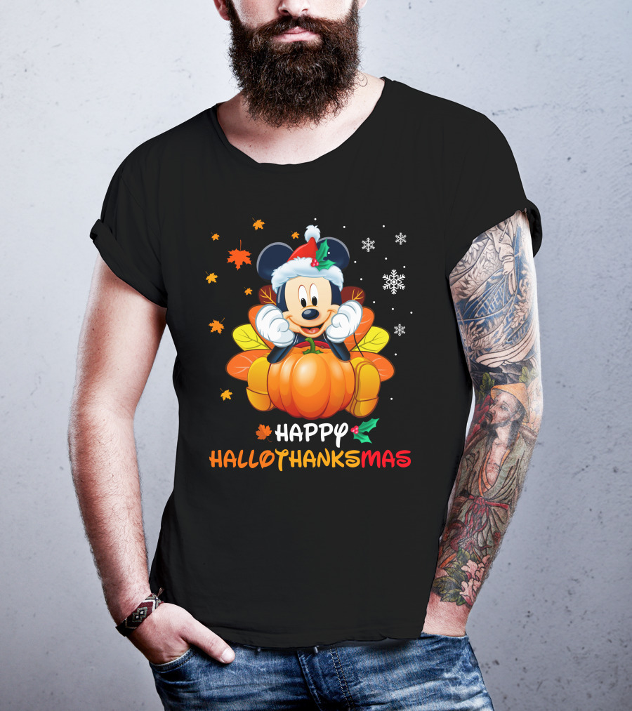 Happy Hallothanksmas 2 Mickey Mouse Pumpkin Santa Hat Fall Leaves Snowflakes T-Shirt