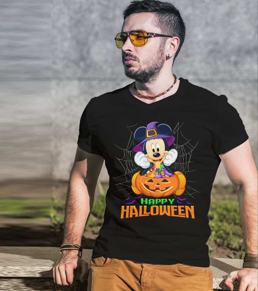 Happy Halloween Mickey Pumpkin And Spider Web T-Shirt