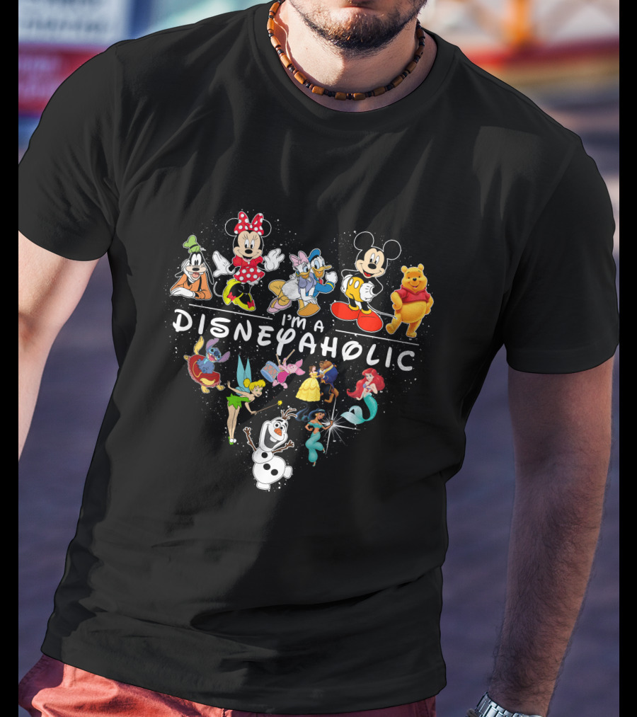 I'm A Disneyaholic Heart Featuring Mickey Mouse Minnie Goofy Donald Winnie The Pooh Tinker Bell Ariel Olaf T-Shirt