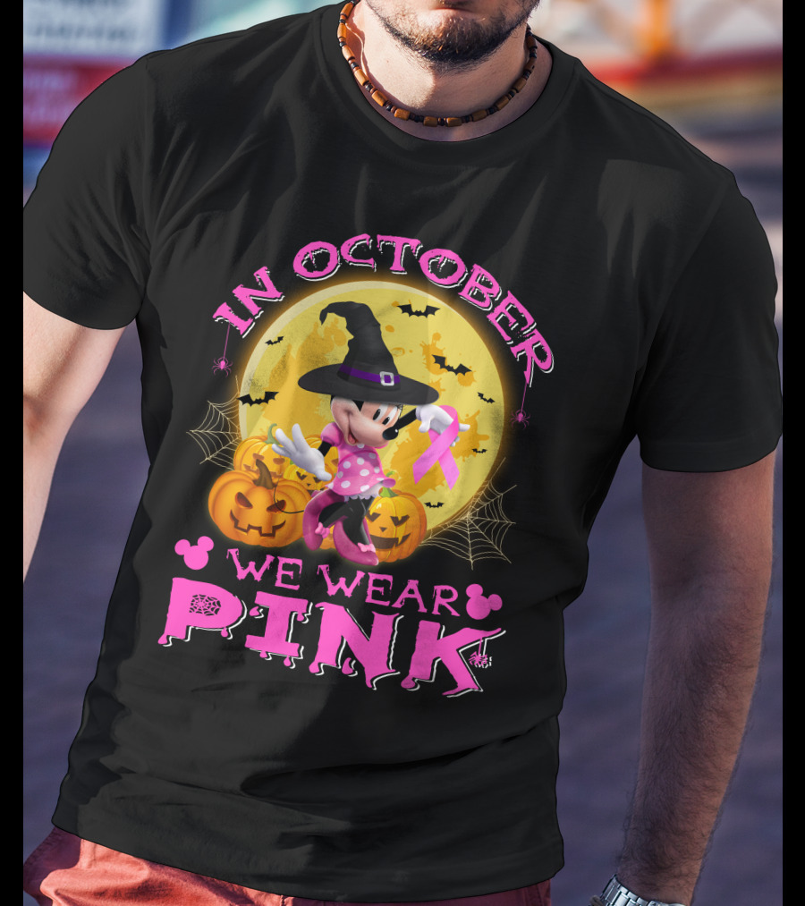 In October We Wear Pink Minnie Halloween Breast Cancer Awareness T-Shirt