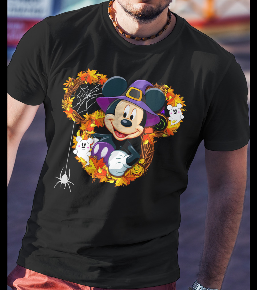 Mickey Halloween Wreath Witch Hat Spiderweb Ghosts Pumpkins Leaves T-Shirt