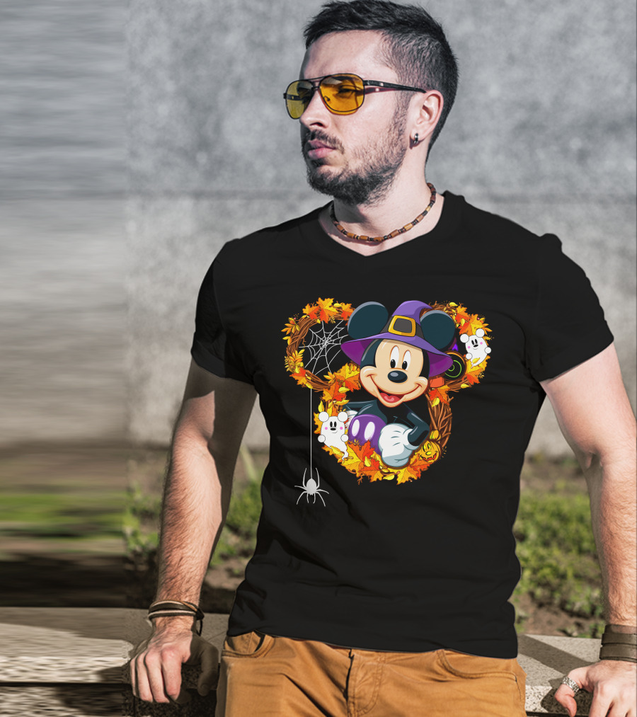 Mickey Halloween Wreath Witch Hat Spiderweb Ghosts Pumpkins Leaves T-Shirt