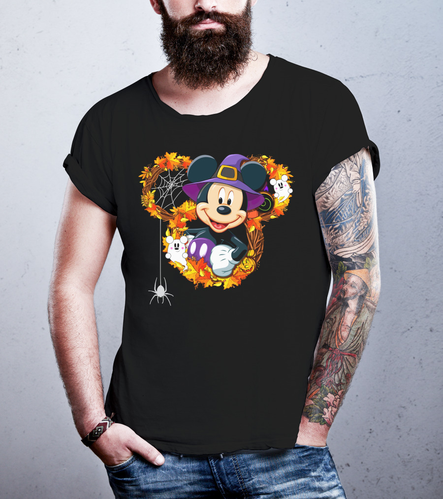 Mickey Halloween Wreath Witch Hat Spiderweb Ghosts Pumpkins Leaves T-Shirt