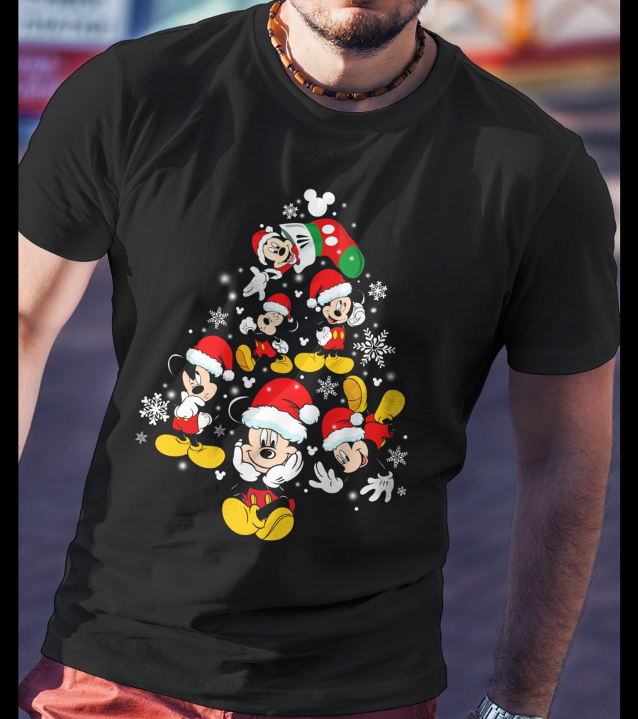 Mickey Mouse Christmas Santa Hat Snowflakes T-Shirt
