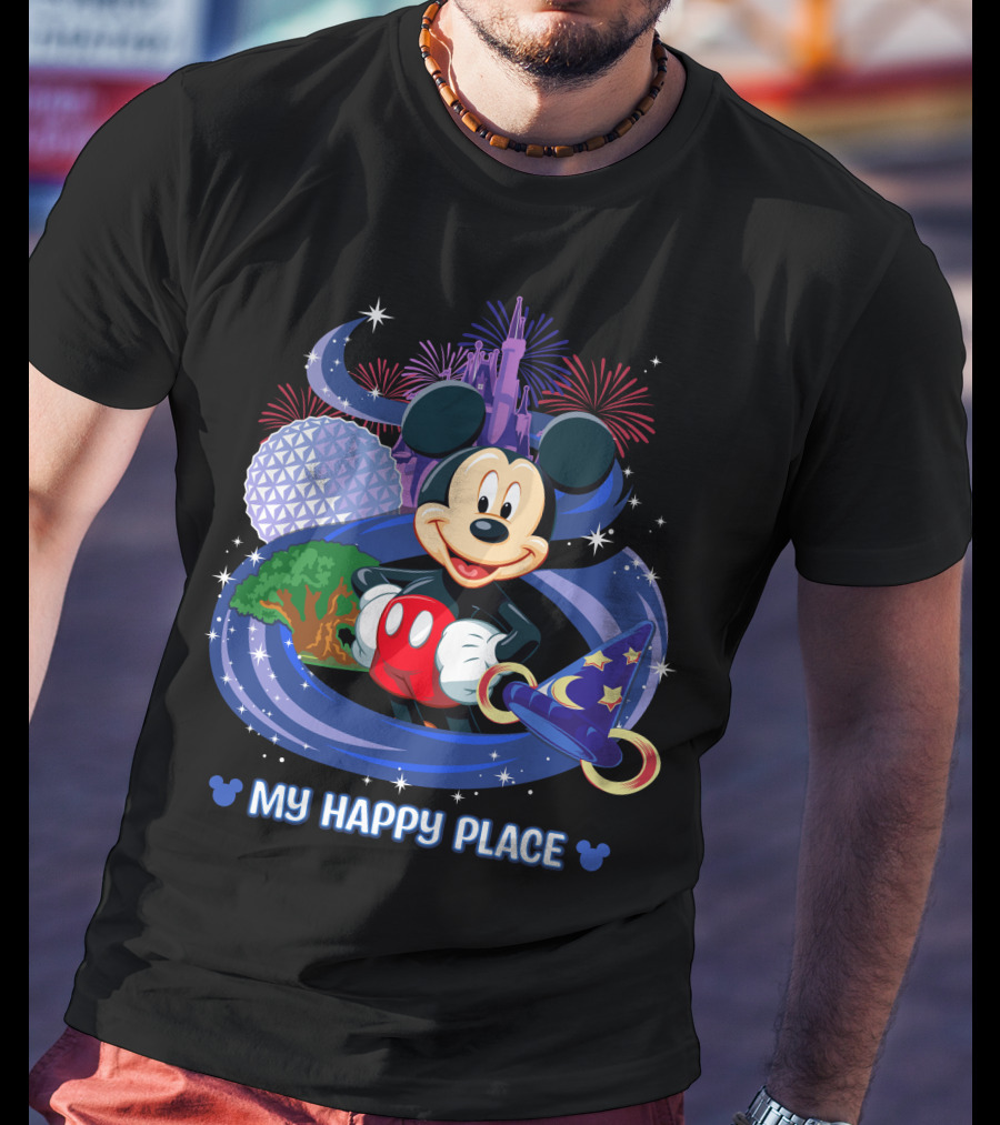 Mickey My Happy Place Disney Castle Fireworks Sorcerer's Hat T-Shirt