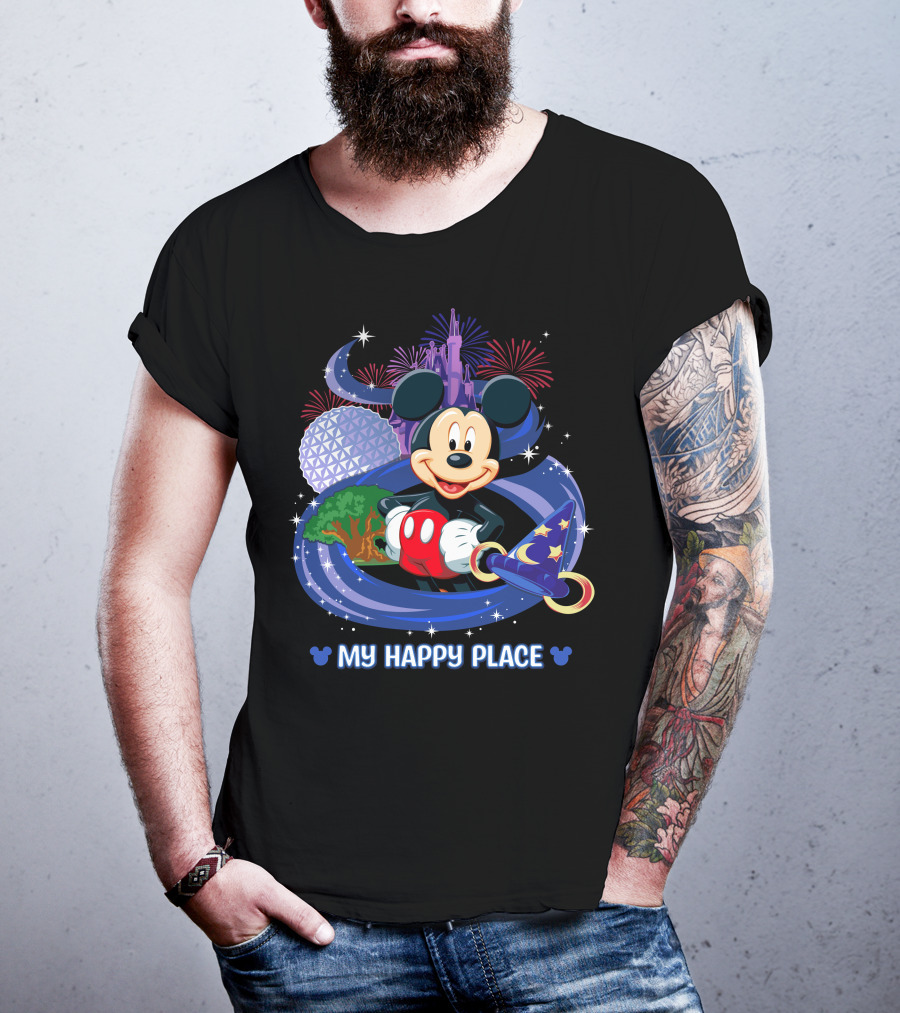 Mickey My Happy Place Disney Castle Fireworks Sorcerer's Hat T-Shirt