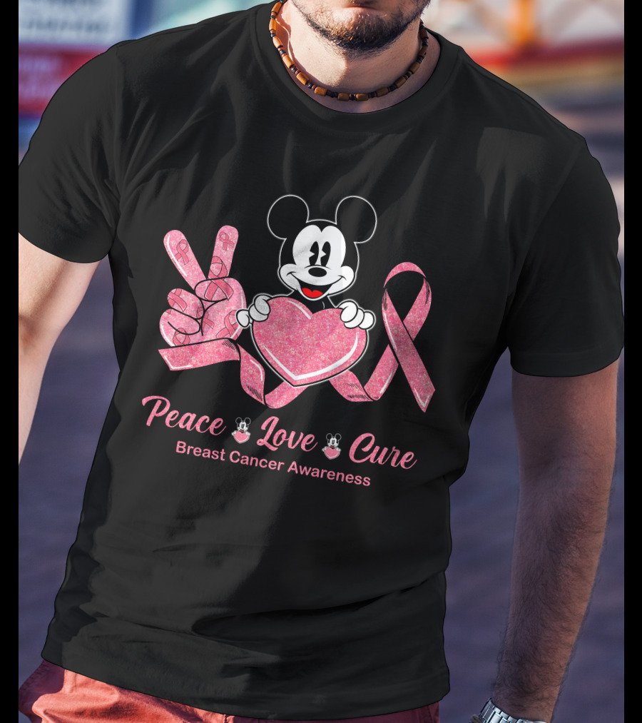 Peace Love Cure Breast Cancer Awareness Mickey Mouse T-Shirt