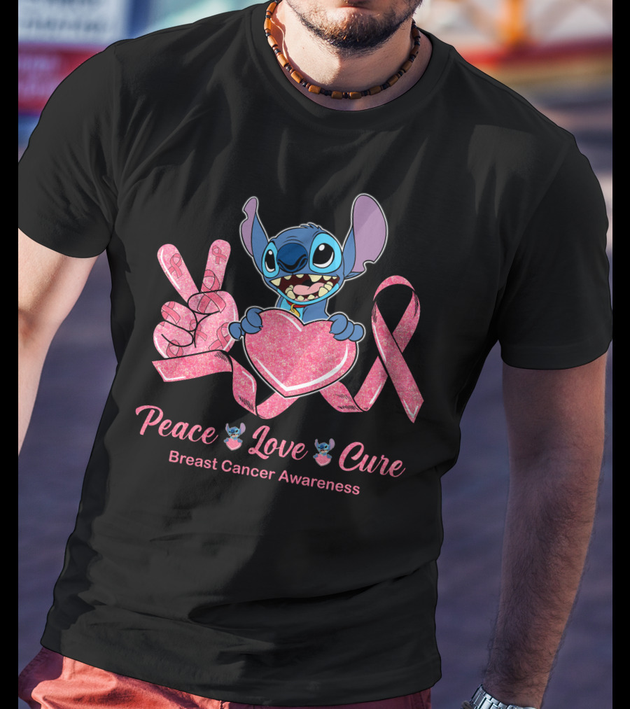 Peace Love Cure Breast Cancer Awareness Stitch T-Shirt