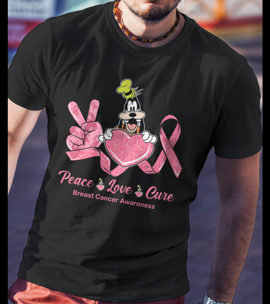 Peace Love Cure Breast Cancer Awareness Goofy T-Shirt
