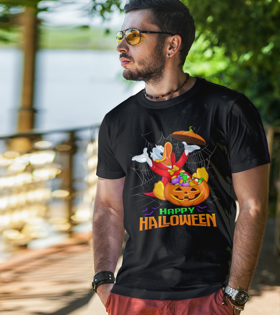 Happy Halloween Donald Duck In Pumpkin Suit With Candy And Spiderweb T-Shirt