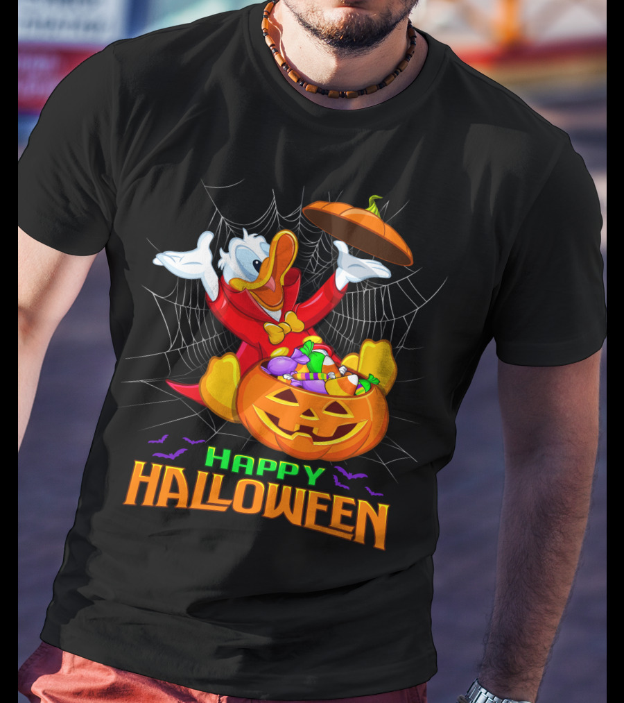 Happy Halloween Donald Duck In Pumpkin Suit With Candy And Spiderweb T-Shirt