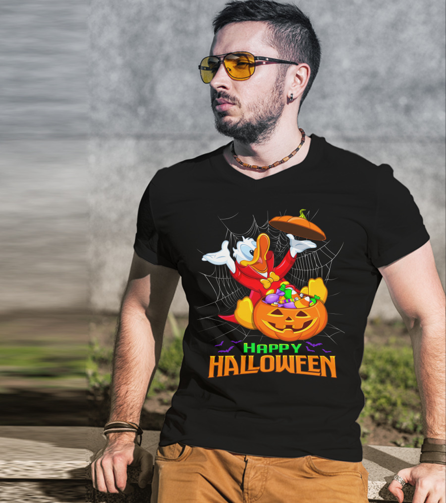 Happy Halloween Donald Duck In Pumpkin Suit With Candy And Spiderweb T-Shirt