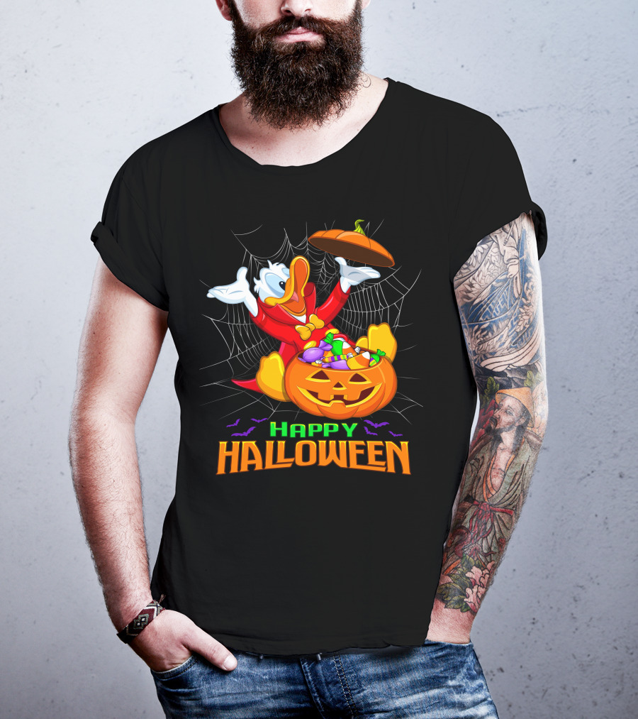 Happy Halloween Donald Duck In Pumpkin Suit With Candy And Spiderweb T-Shirt