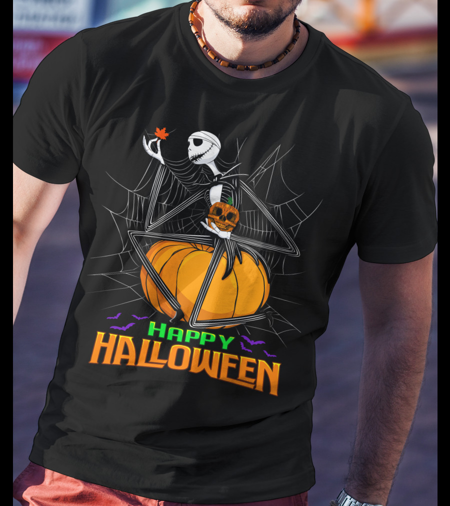 Happy Halloween Jack Skellington Pumpkin Bat Spiderweb T-Shirt