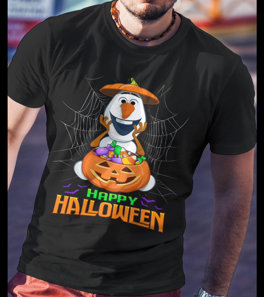 Olaf Happy Halloween With Pumpkin And Candy Basket T-Shirt