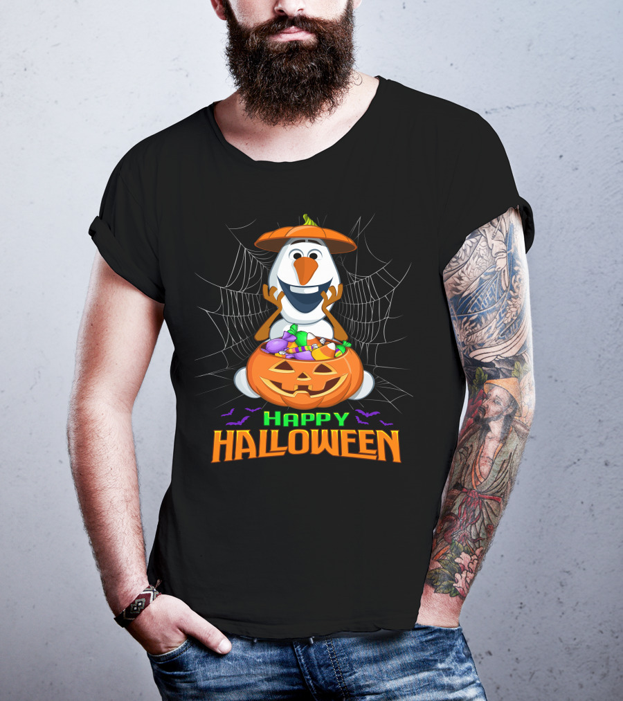 Olaf Happy Halloween With Pumpkin And Candy Basket T-Shirt
