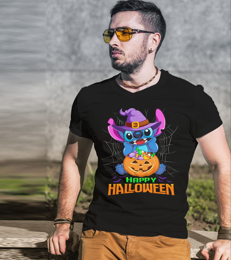 Happy Halloween Stitch Witch Costume Pumpkin Candy Basket T-Shirt