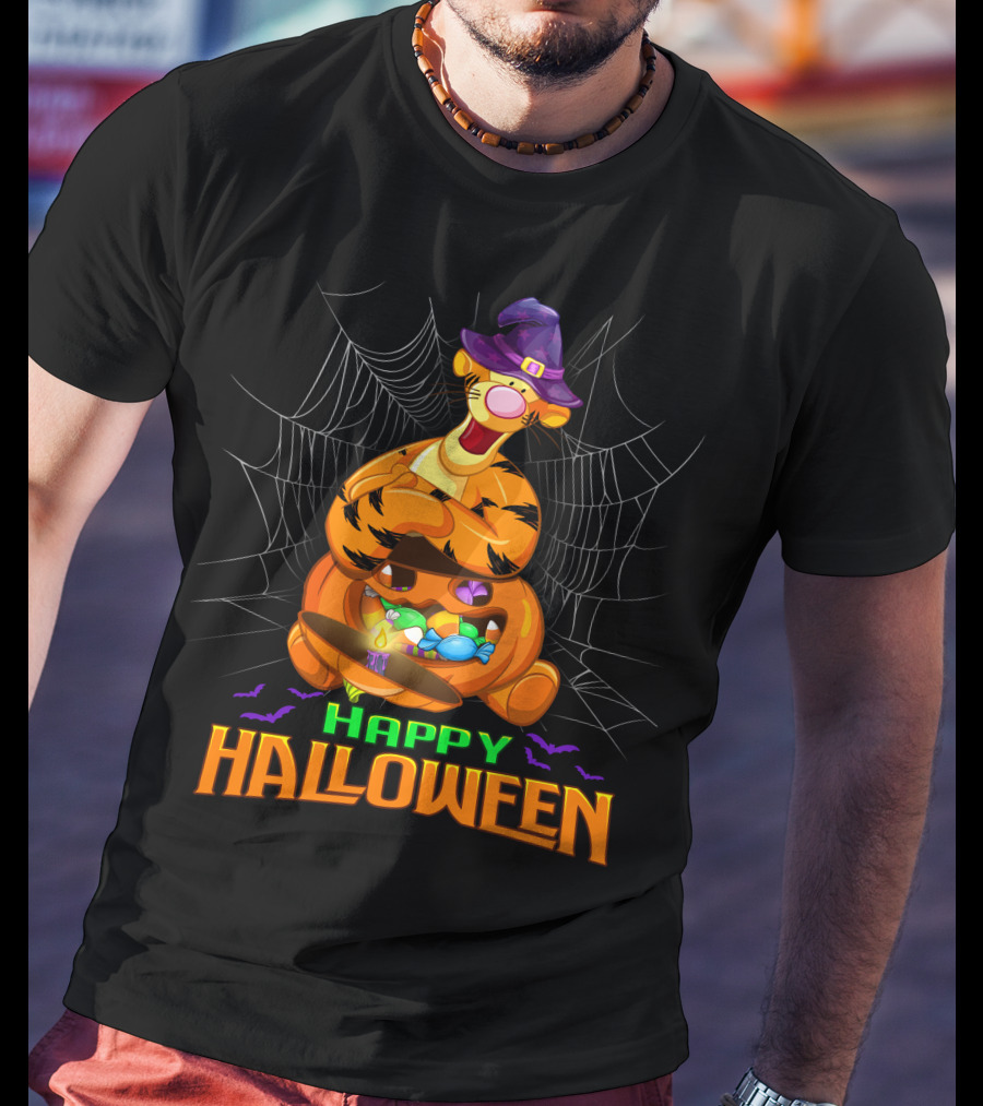 Happy Halloween Tigger Witch Pumpkin Candy Spiders T-Shirt
