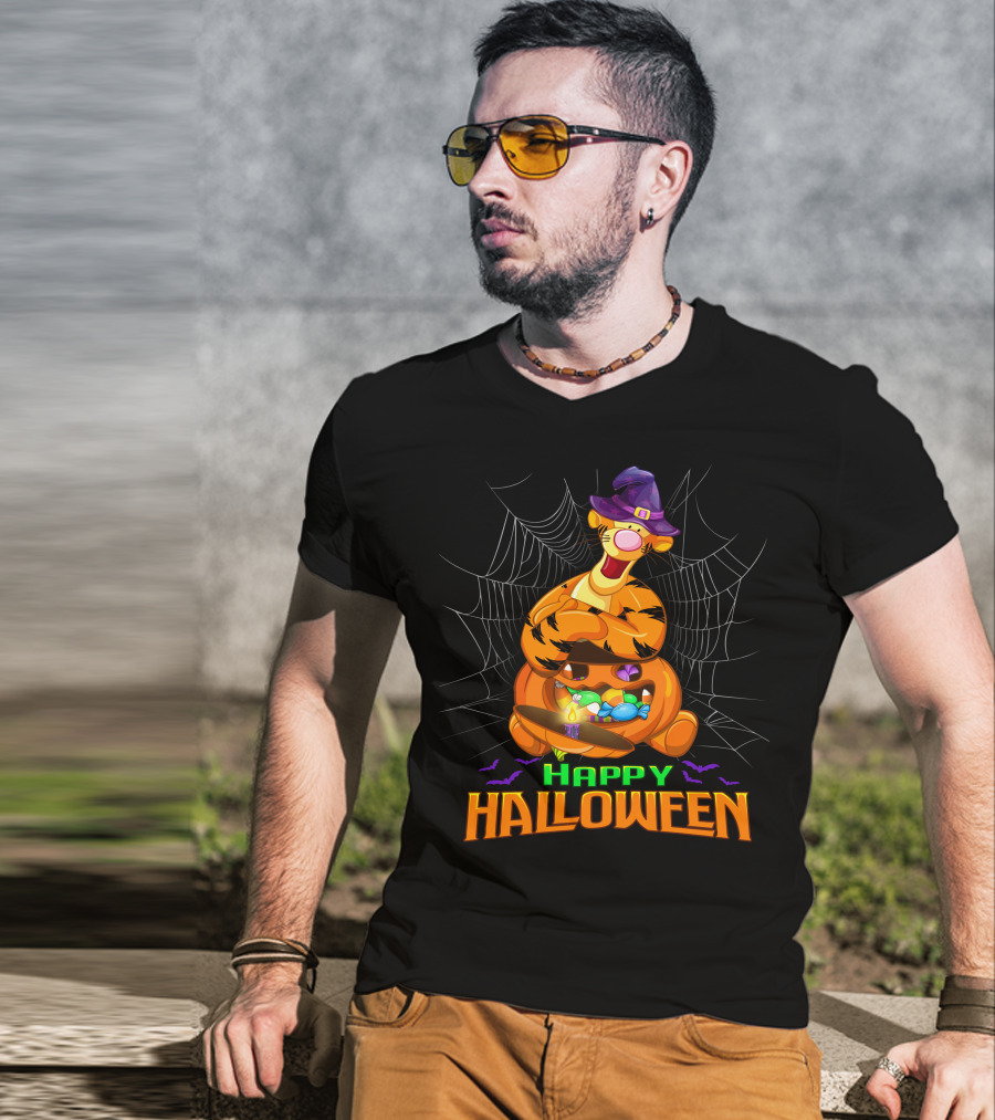 Happy Halloween Tigger Witch Pumpkin Candy Spiders T-Shirt