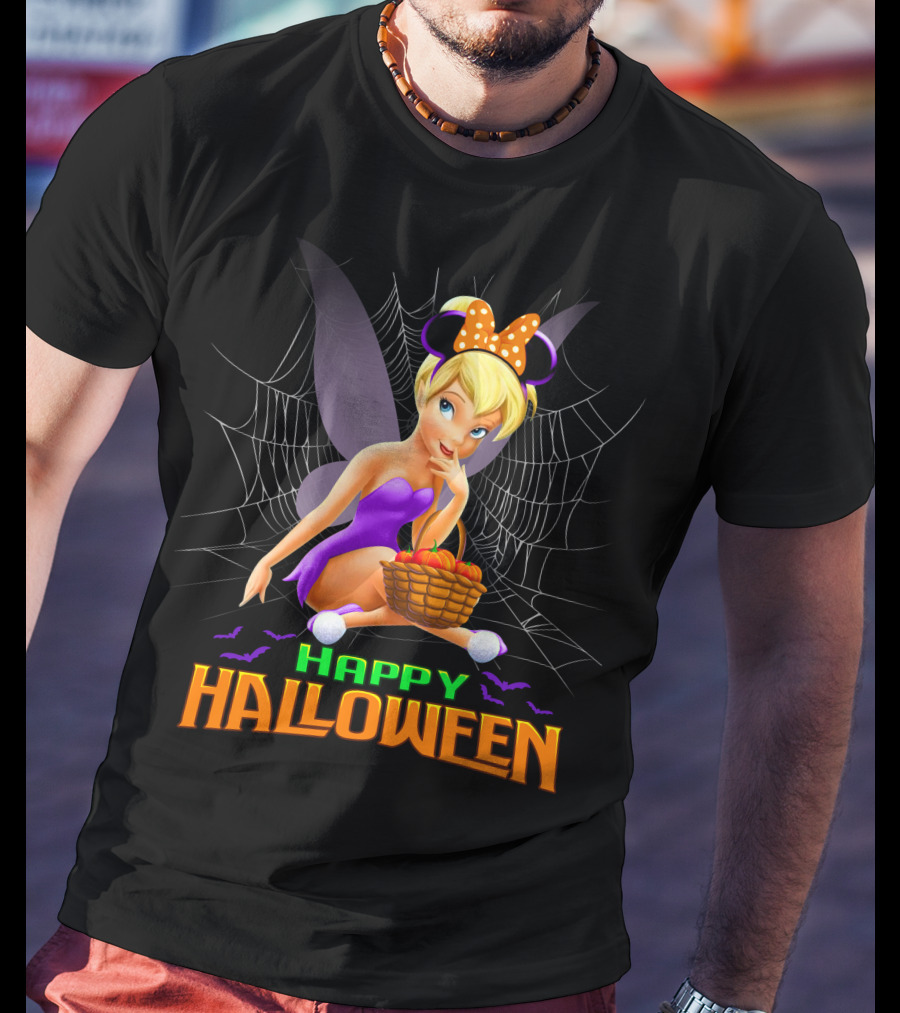 Tinker Bell Happy Halloween Pumpkin Basket With Bat Wings And Spiderweb T-Shirt