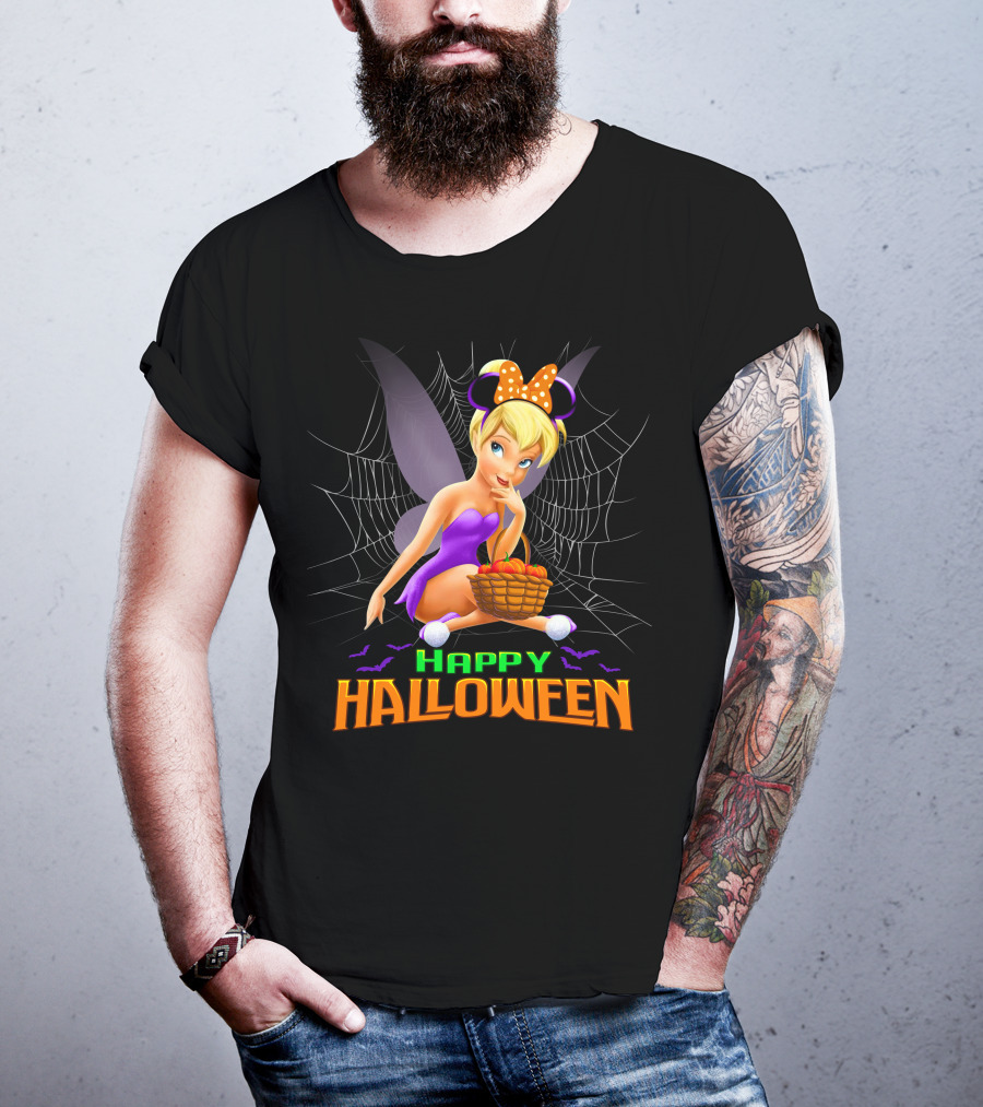 Tinker Bell Happy Halloween Pumpkin Basket With Bat Wings And Spiderweb T-Shirt