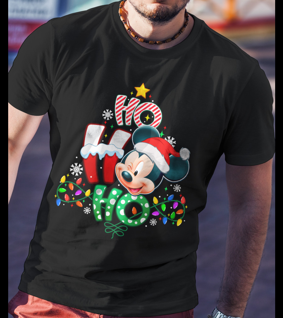 Mickey Ho Ho Ho Christmas Lights Snowflakes Santa Hat T-Shirt