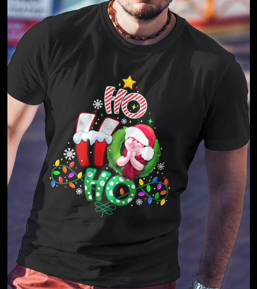 Ho Ho Ho Piglet Christmas Lights Snowflakes Santa Hat T-Shirt