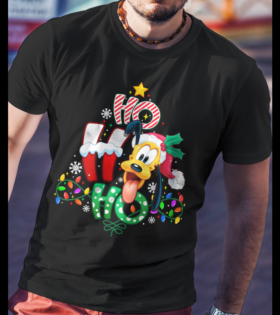 Ho Ho Ho Christmas Pluto Dog Lights Santa Hat T-Shirt