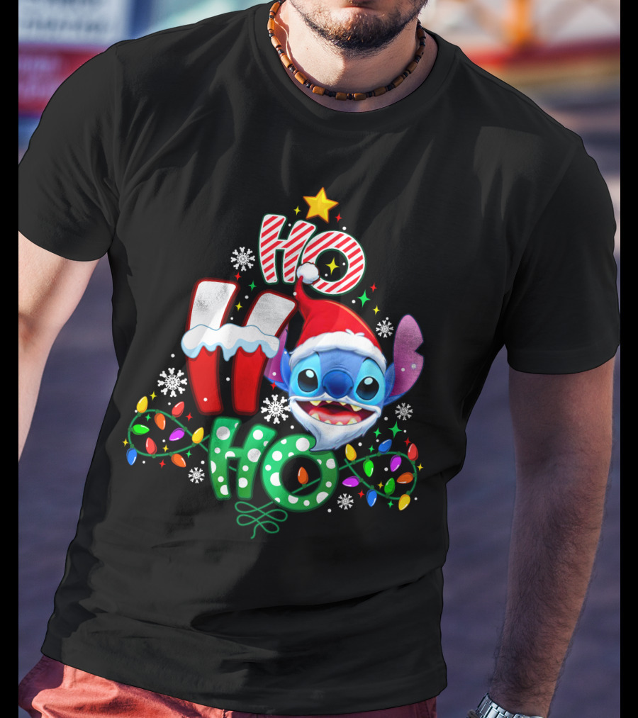 Ho Ho Ho Stitch Christmas Lights Santa Hat T-Shirt