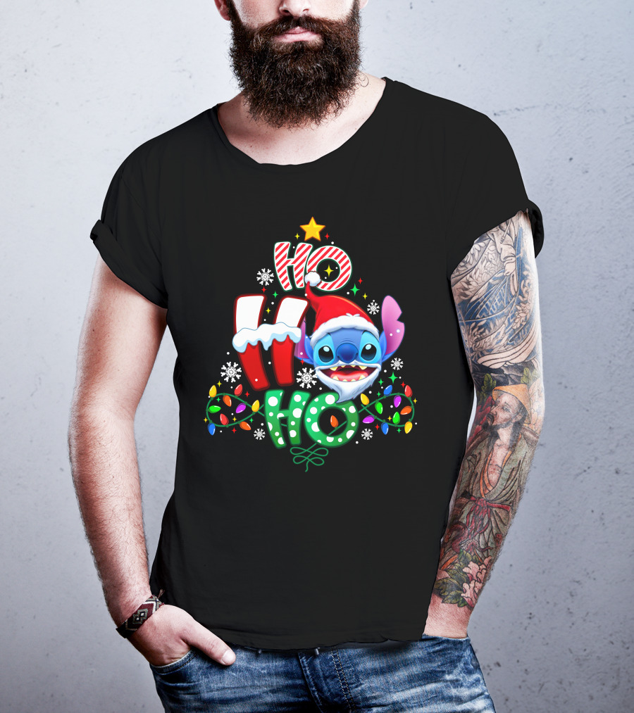 Ho Ho Ho Stitch Christmas Lights Santa Hat T-Shirt
