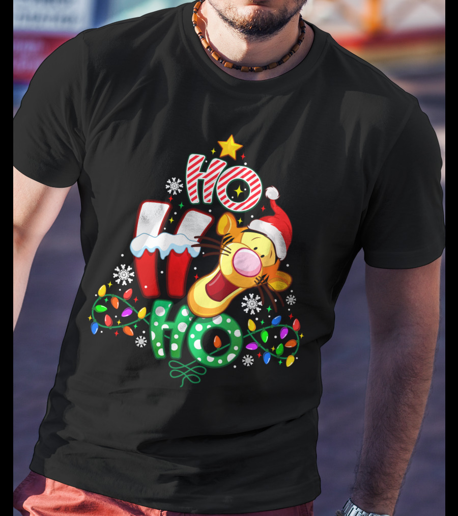 Tigger Christmas Ho Ho Ho Santa Hat Lights Snowflakes T-Shirt