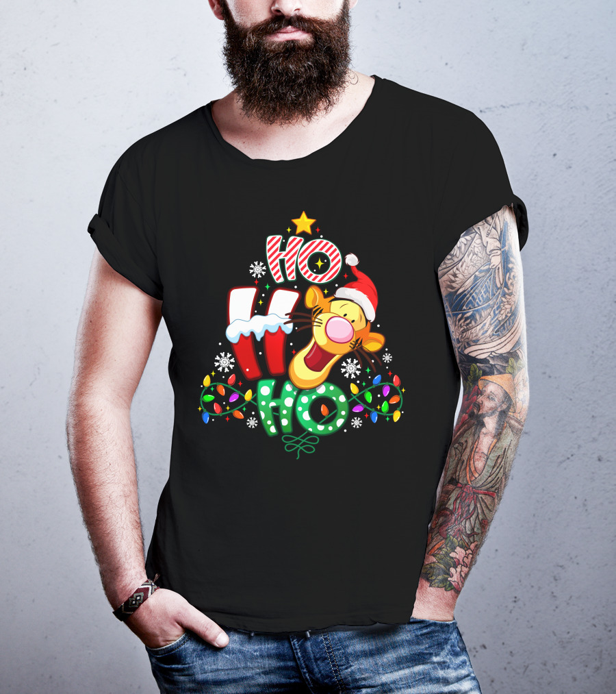 Tigger Christmas Ho Ho Ho Santa Hat Lights Snowflakes T-Shirt