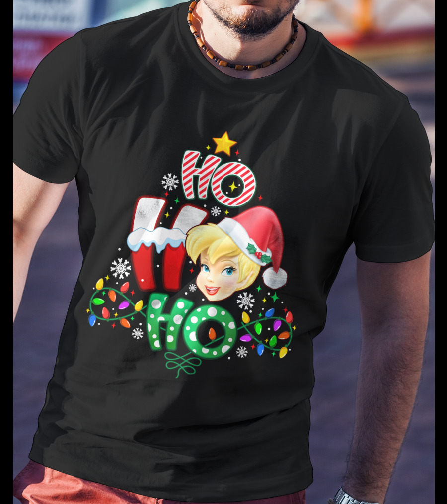 Ho Ho Ho Tinker Bell Christmas Lights Snowflakes Santa Hat T-Shirt