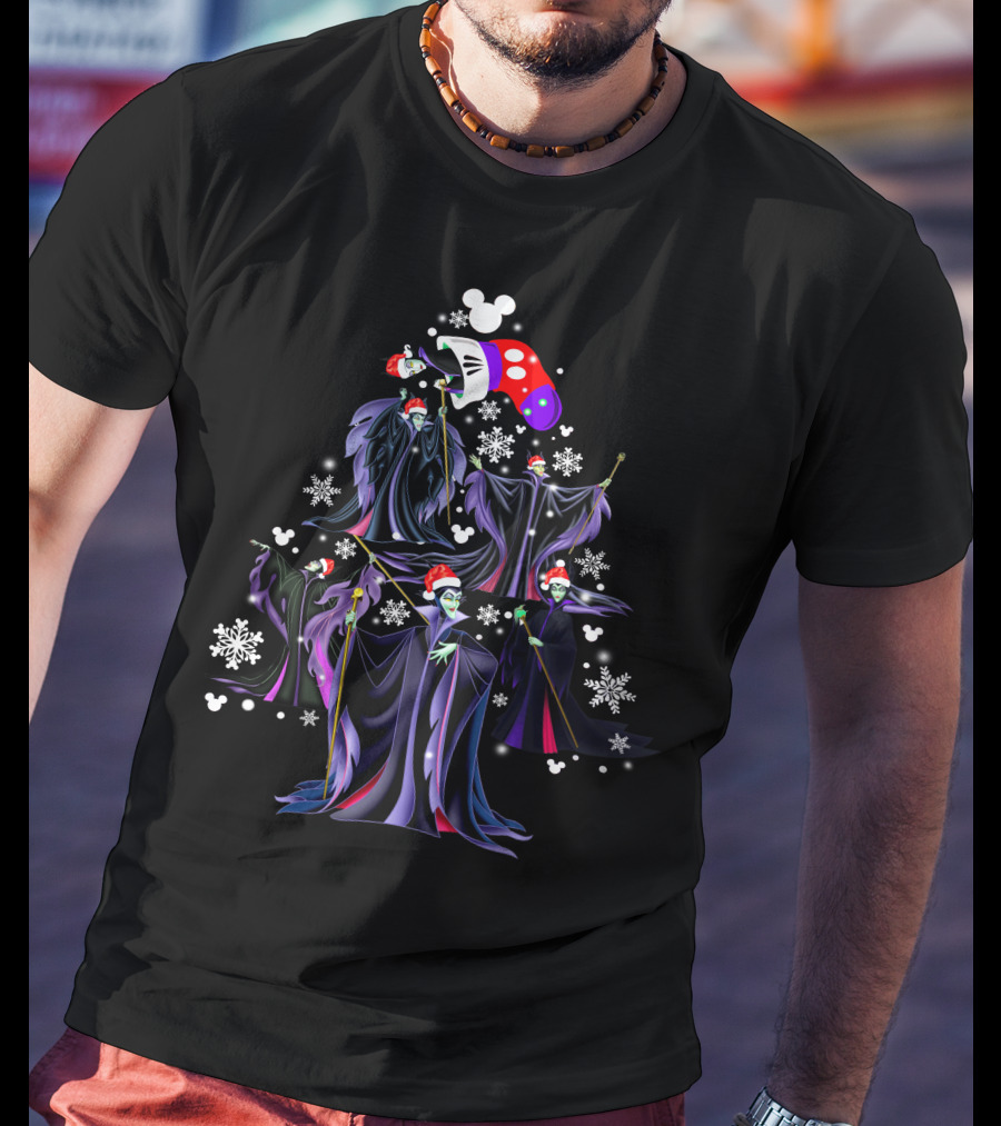 Maleficent Christmas Tree With Santa Hat And Mickey Mouse Snowflakes T-Shirt