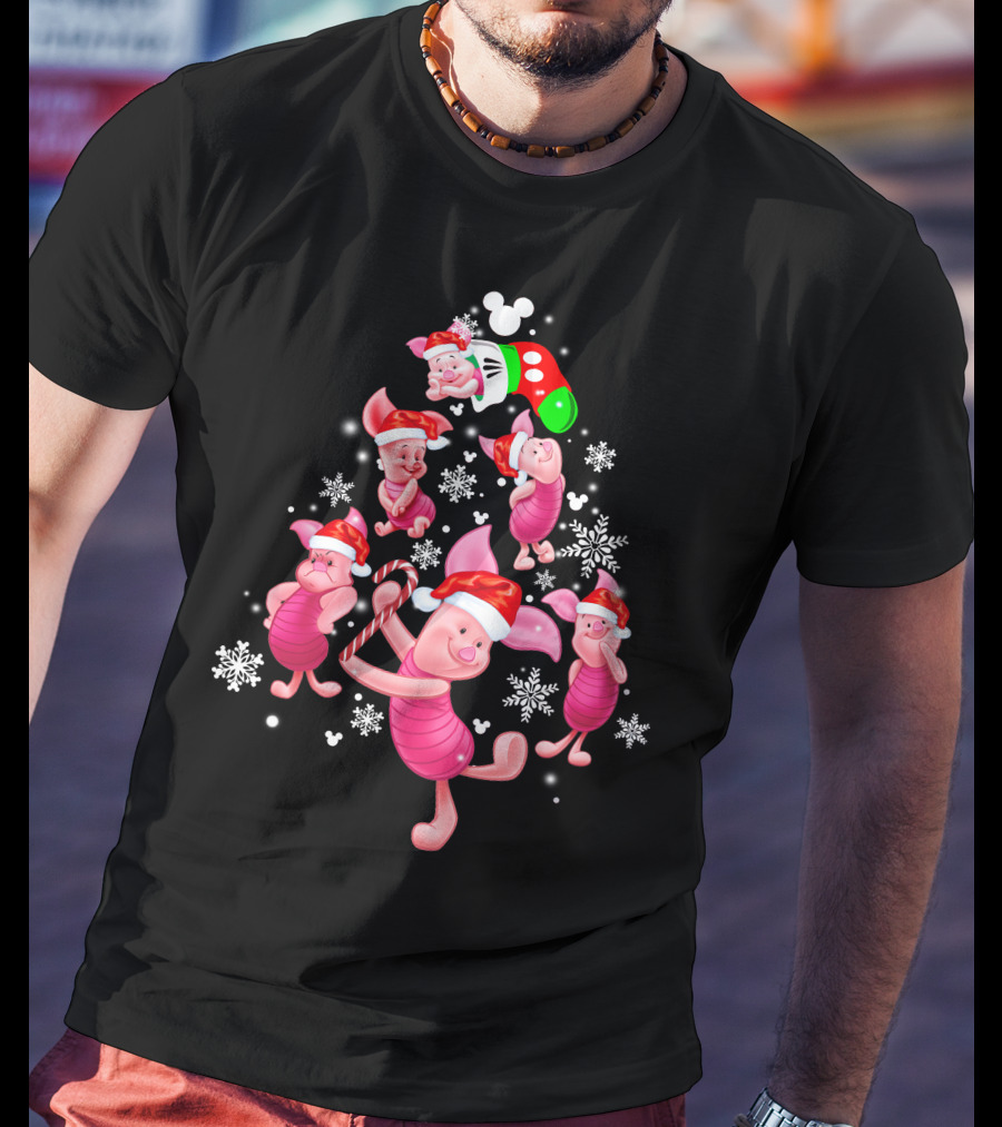 Piglet Christmas Santa Hat Candy Cane Snowflakes Disney Icons T-Shirt