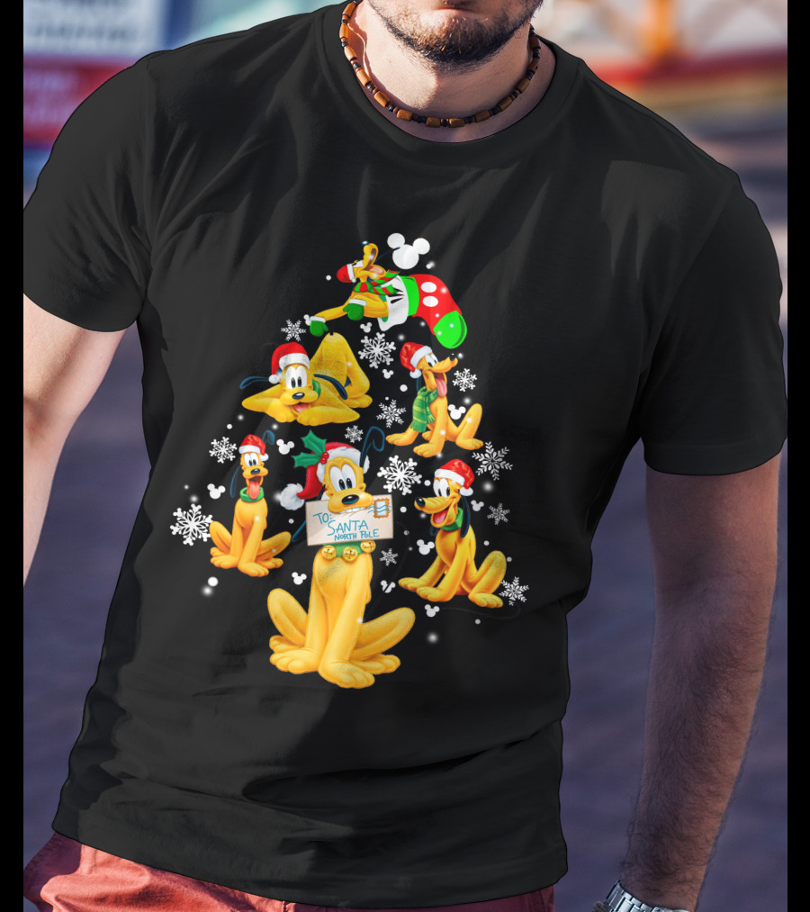 Pluto Christmas Tree Design With Santa Hat And Snowflakes T-Shirt