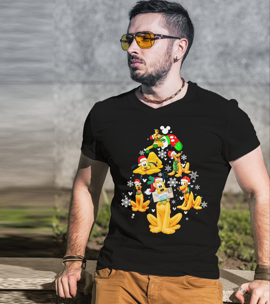 Pluto Christmas Tree Design With Santa Hat And Snowflakes T-Shirt