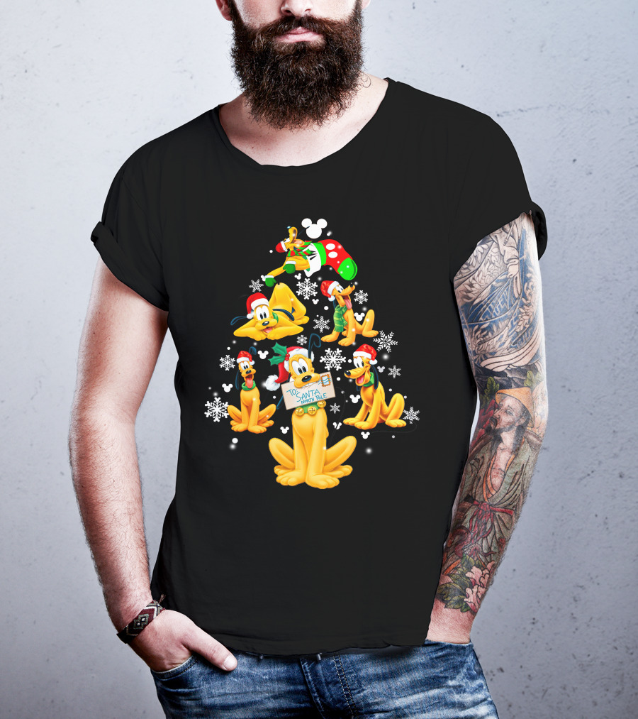 Pluto Christmas Tree Design With Santa Hat And Snowflakes T-Shirt