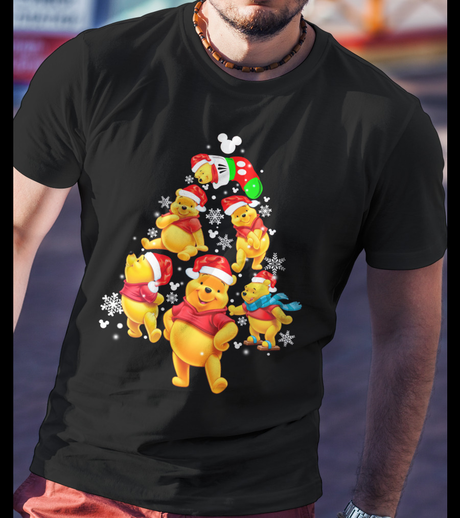 Disney Winnie The Pooh Christmas Santa Hat Festive Holiday Snowflakes T-Shirt