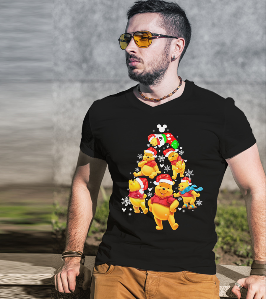 Disney Winnie The Pooh Christmas Santa Hat Festive Holiday Snowflakes T-Shirt