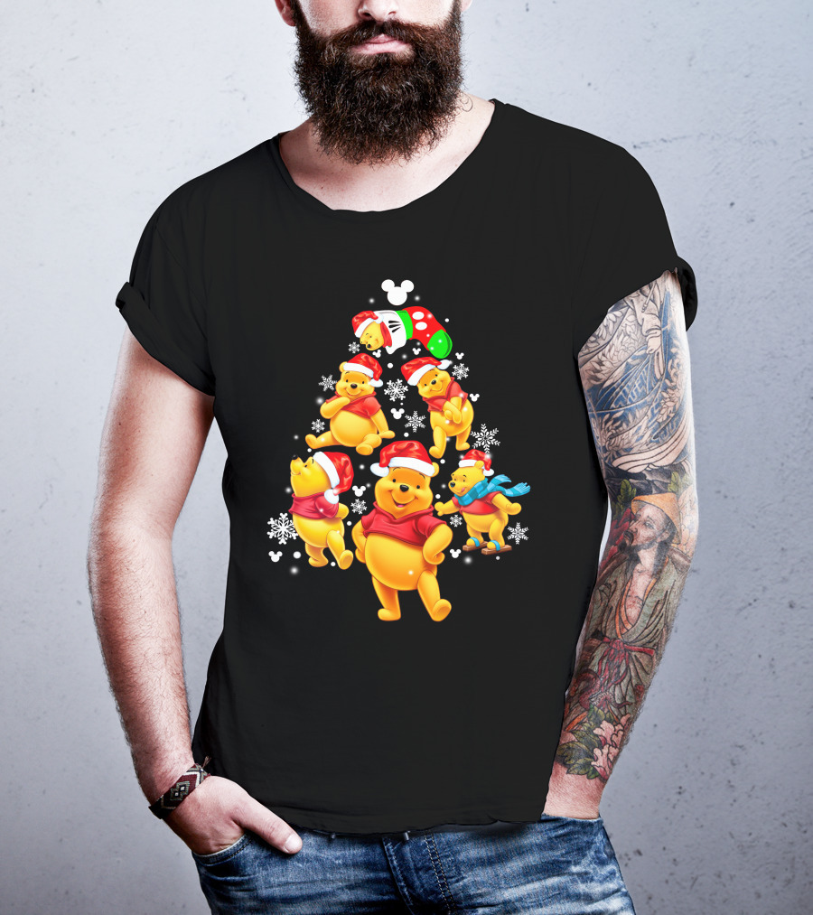 Disney Winnie The Pooh Christmas Santa Hat Festive Holiday Snowflakes T-Shirt