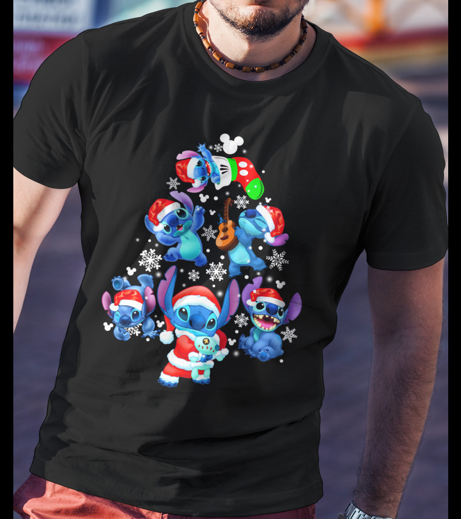 Stitch Christmas Tree With Snowflakes And Santa Hat Holiday T-Shirt