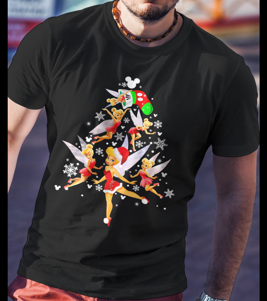 Tinker Bell Christmas Tree With Mickey Santa Hat And Snowflakes T-Shirt